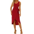 thumbnail image 2 of Unique Bargains Femmes Robe d'Été Sans Manches Col Rond Base Solide Ceinture Wrap Ourlet Robes Décontractées Rouge, 2 of 5