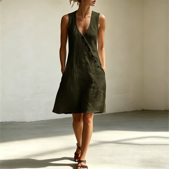Shihyeh Summer Maxi Dresses for Women 2026 Linen V Neck Sleeveless Beach Sundress Button Casual Loose Dress with Pockets