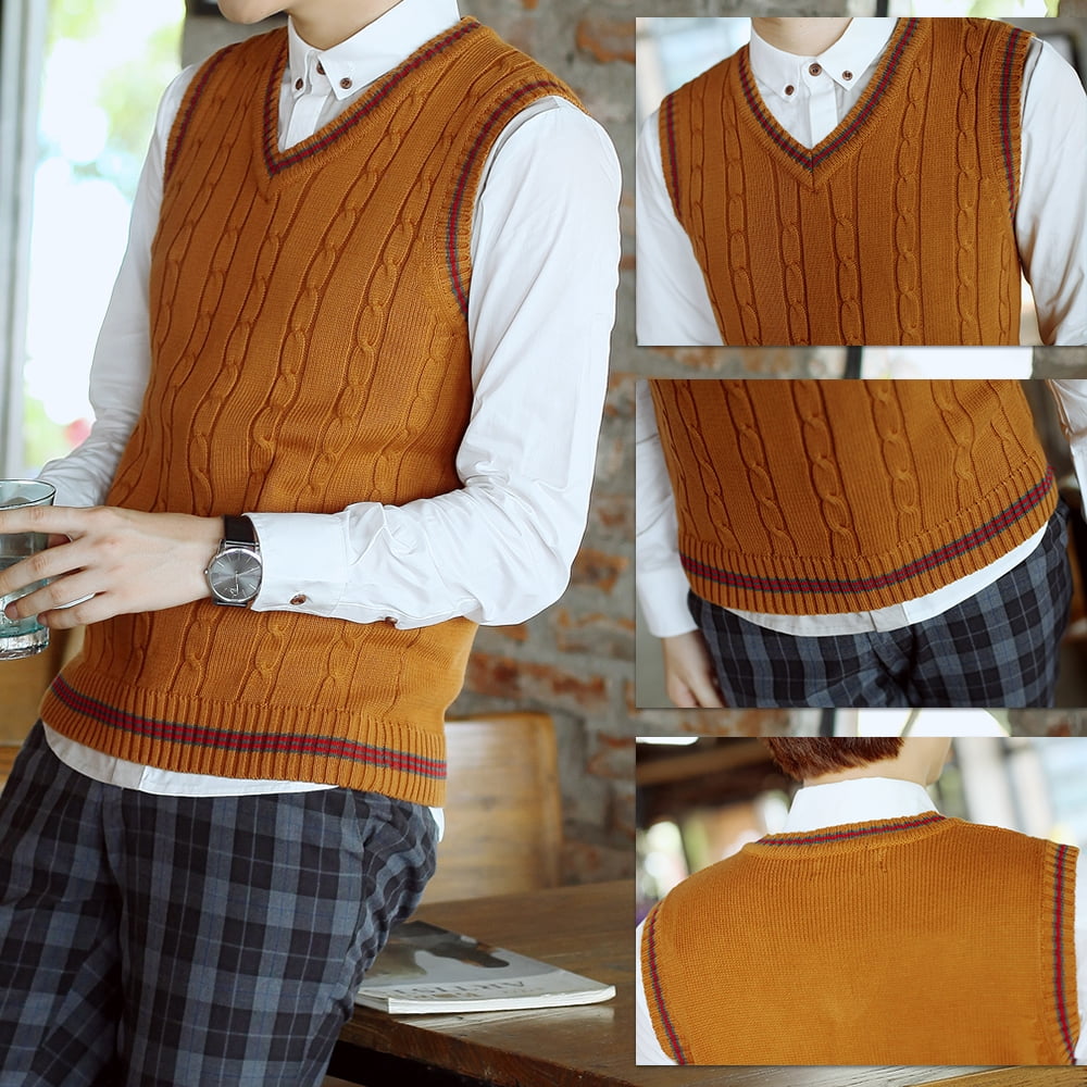Toptie Men's 100% Cotton Knit Sweater Vest, V Neck Cable