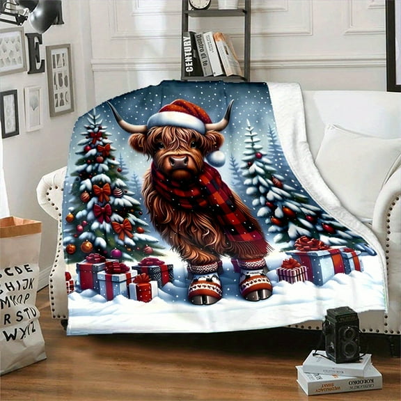 Cozy Christmas Highland Cow Flannel Throw Blanket - Soft, Reversible, 100% Polyester Non-Woven, Digital Print, All-Season, Contemporary Home Decor with Santa Hat Design