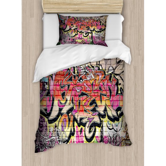 Urban Graffiti Twin Size Duvet Cover Set, Wild Style Complex Creative Surreal Worlds of Graffiti Comics and Paintings, Decorative 2 Piece Bedding Set with 1 Pillow Sham, Multicolor, by Ambesonne