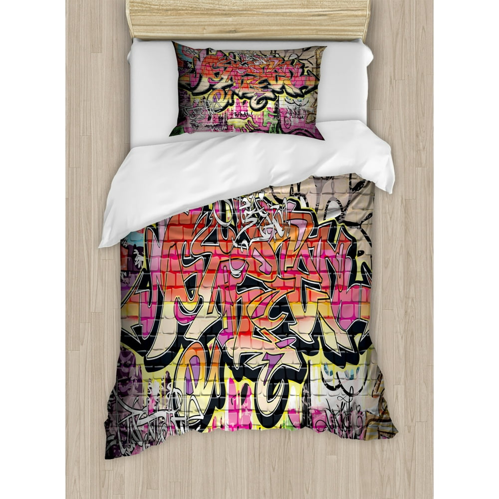 Urban Graffiti Twin Size Duvet Cover Set, Wild Style Complex Creative