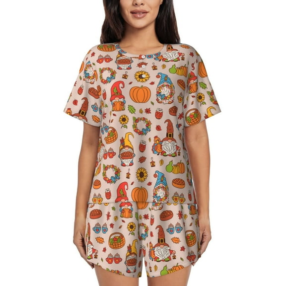 Logiee Fall Thanksgiving Print Womens Pajamas Set,Short-Sleeve Pajama 2 Piece Sleepwear with Pockets-Small