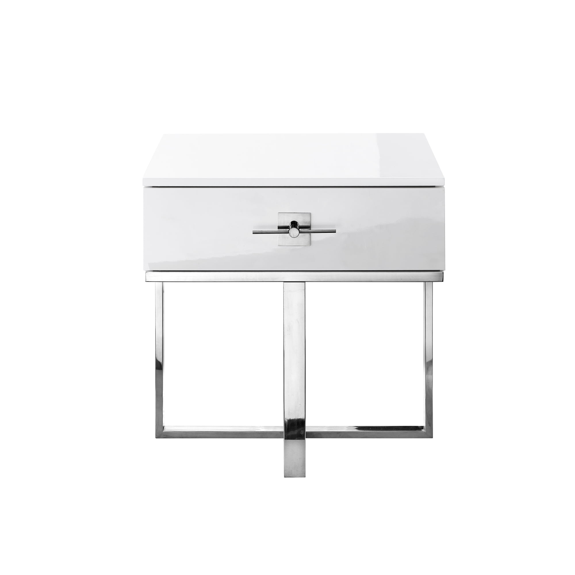 Hilo White Chrome Side Table - 1 Drawer, Hight Gloss Lacquer Finish, Polished Stainless Steel Base