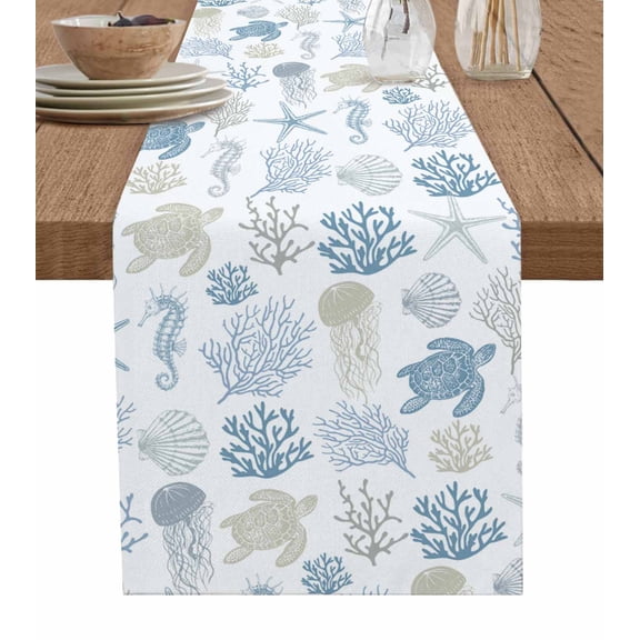 Ldtrchee Blue Coastal Table Runner 60 Inches, Nautical Summer Beach Coral Sea Turtle Bed Runner Dresser Scarves Tabletop for Indoor Outdoor Parties/Ceremony/Banquet, 13" x 60"