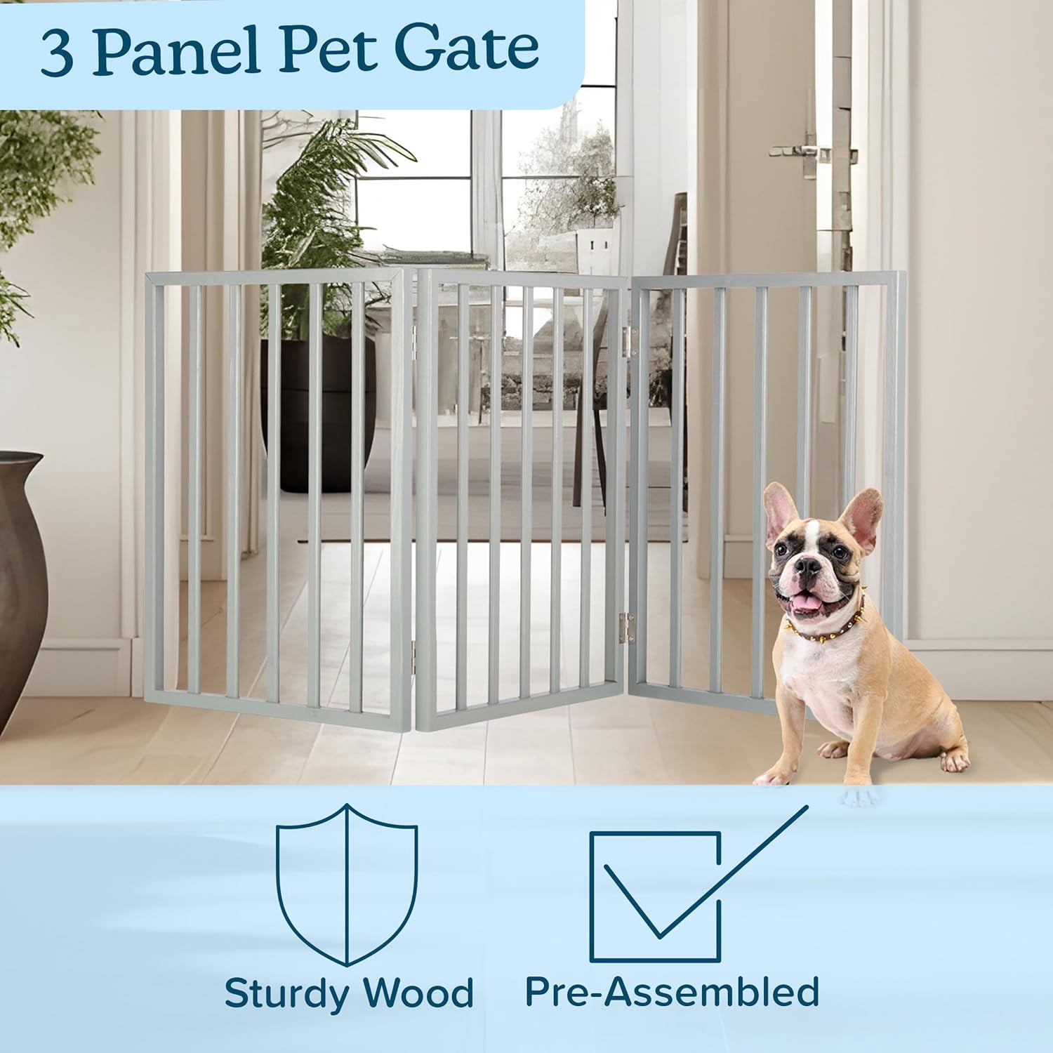 Foldable Indoor Dog Gate with 4 Panels for Stairs, Hallways, or Doorways - 72x24-Inch Retractable Wood Freestanding Pet Barrier (Gray)