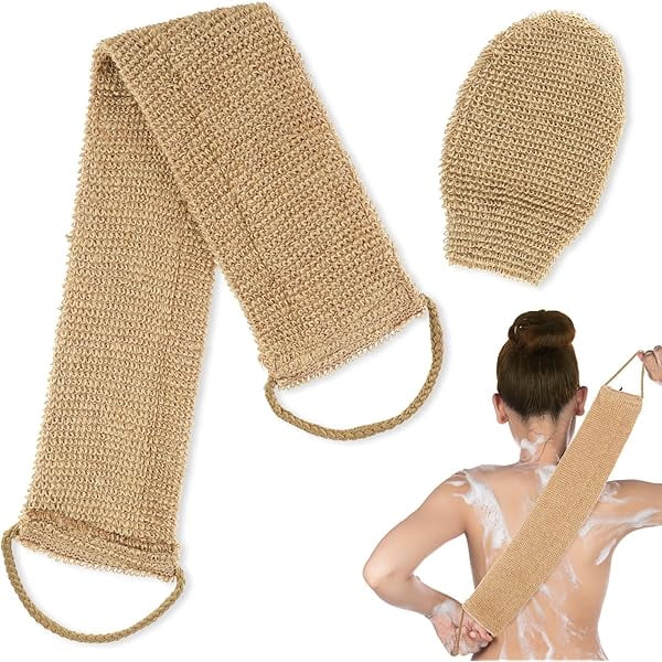 wonima11 2pcs Exfoliating Body Scrubber Natural Hemp Back Scrubber Exfoliator Loofah Shower Bath Wash Deep Cleaning Glove and Strap Dead Skin Removal for Men Women, Beige