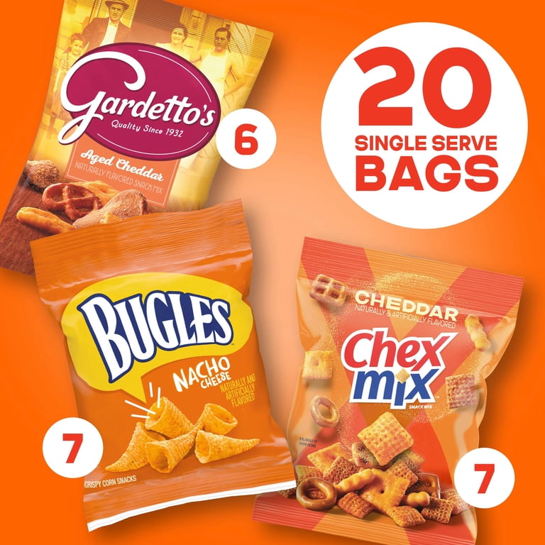 Cheesy Mix Variety Pack Snacks, Chex Mix, Bugles, Gardetto's, 20
