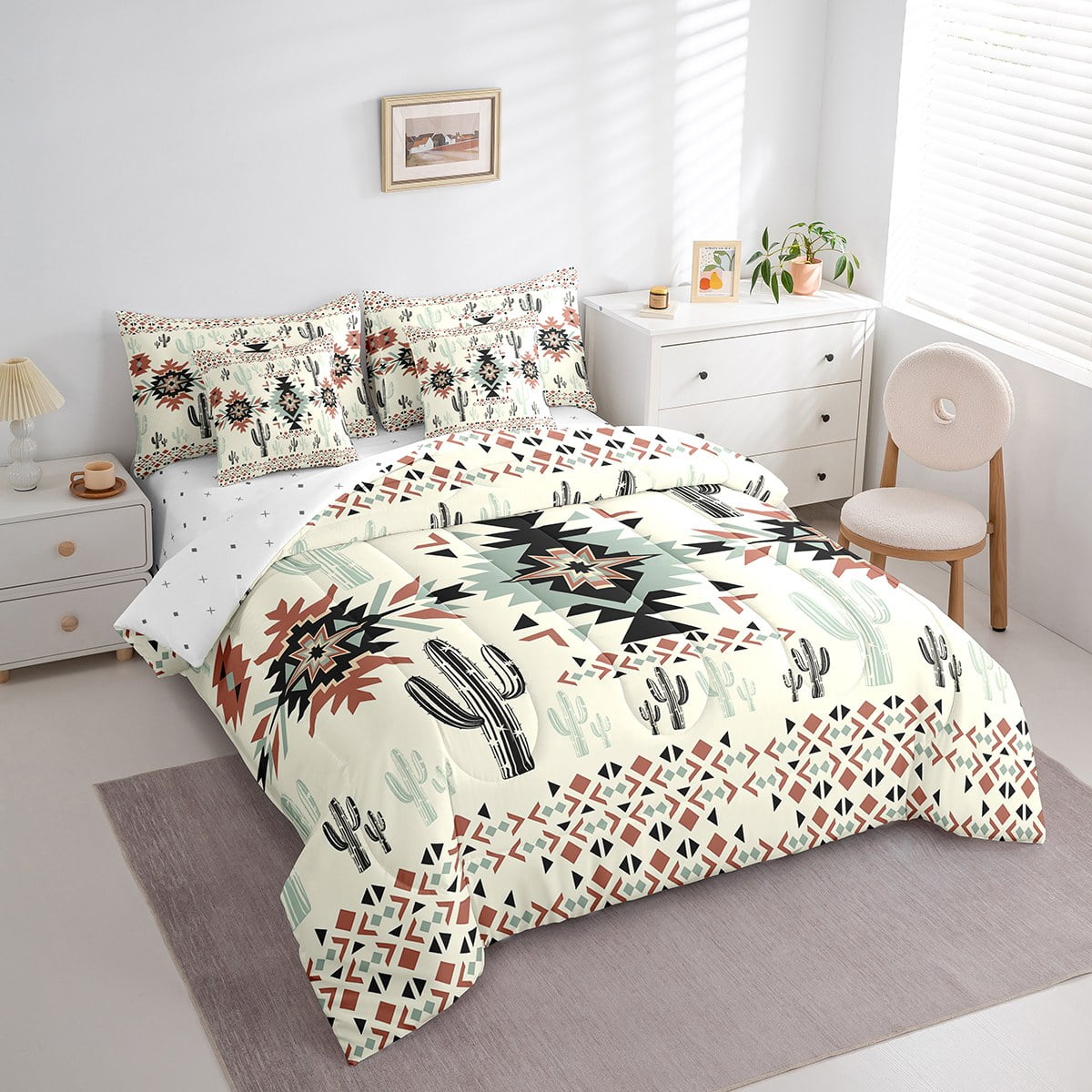 Erosebridal Vintage Aztec Print Bed In A Bag Full Size,Tropical Botanical Cactus Bed Set,Bohemian Exotic Style Bedding Full Size For Men Women,7Pcs Reversible