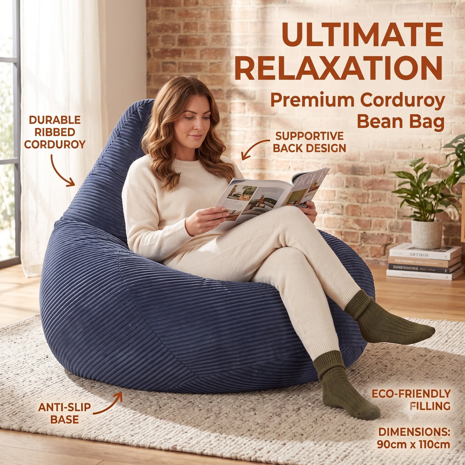Furnibear Bean Bag Chair for Adults, Corduroy Lazy Lounger Accent Sofa with Soft Sponge Filling, Skin-Friendly Cover, Ergonomic Reading Gaming Seat for Living, Blue