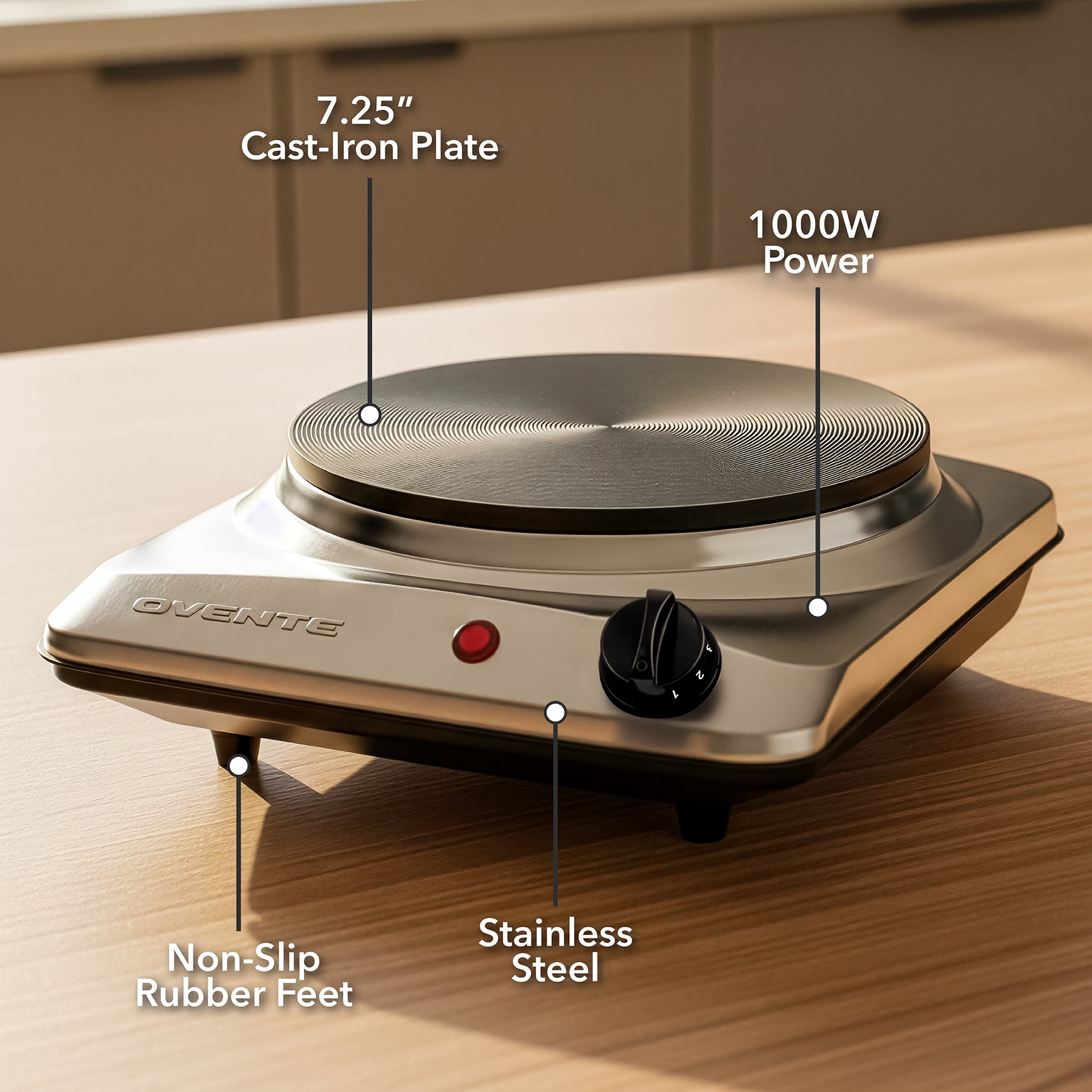 OVENTE Electric Countertop Single Burner, 1000W Cooktop with 7.25 Inch Cast Iron Hot Plate, 5 Level Temperature Control, Compact Cooking Stove and Easy to Clean Stainless Steel Base, Silver BGS101S