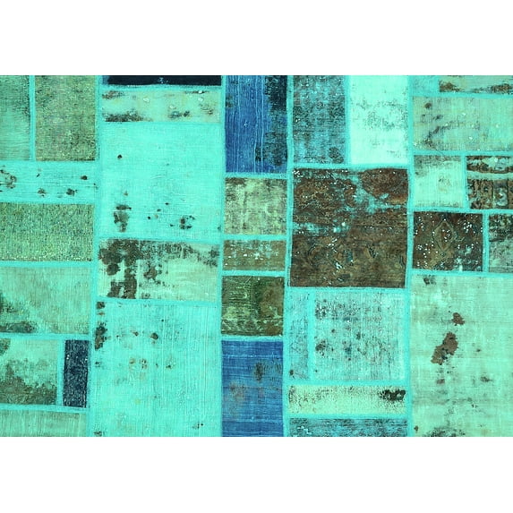 Ahgly Company Machine Washable Indoor Rectangle Patchwork Turquoise Blue Transitional Area Rugs, 7' x 10'