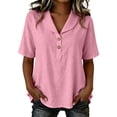 thumbnail image 2 of Yrmaups Loose Fit Short Sleeve Button Down Blouse for Women, Casual Collared Top, Soft Stretch Tee for Beach Travel Office Everyday Wear, Pink S, 2 of 6