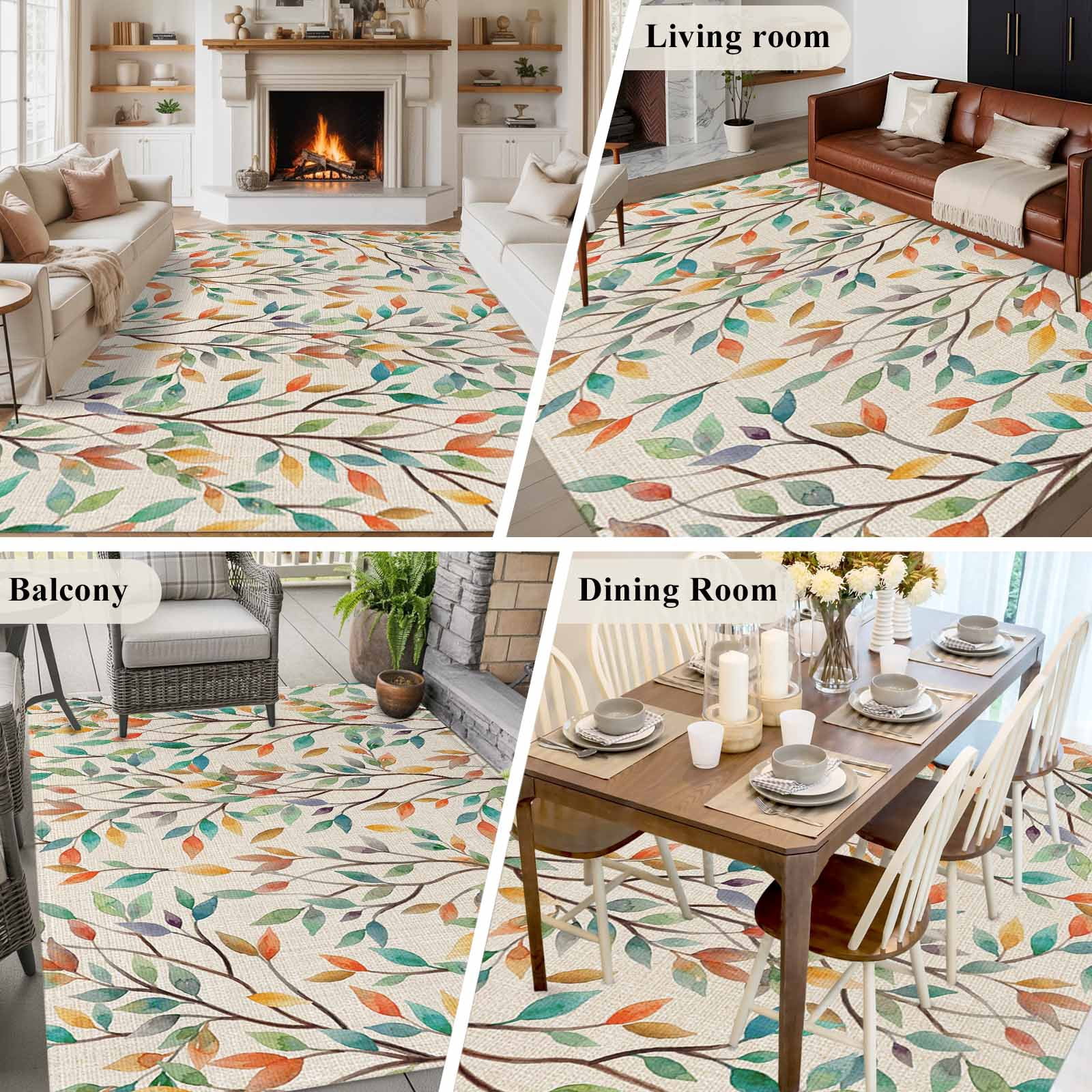 Large Area Rugs for Living Room Bedroom, Teal Orange Eucalyptus 5'x8' Rug Washable Carpet Runner Indoor Outdoor, Spring Botanical Leaves Non Slip Floor Mats Rug for Kitchen, Bathroom
