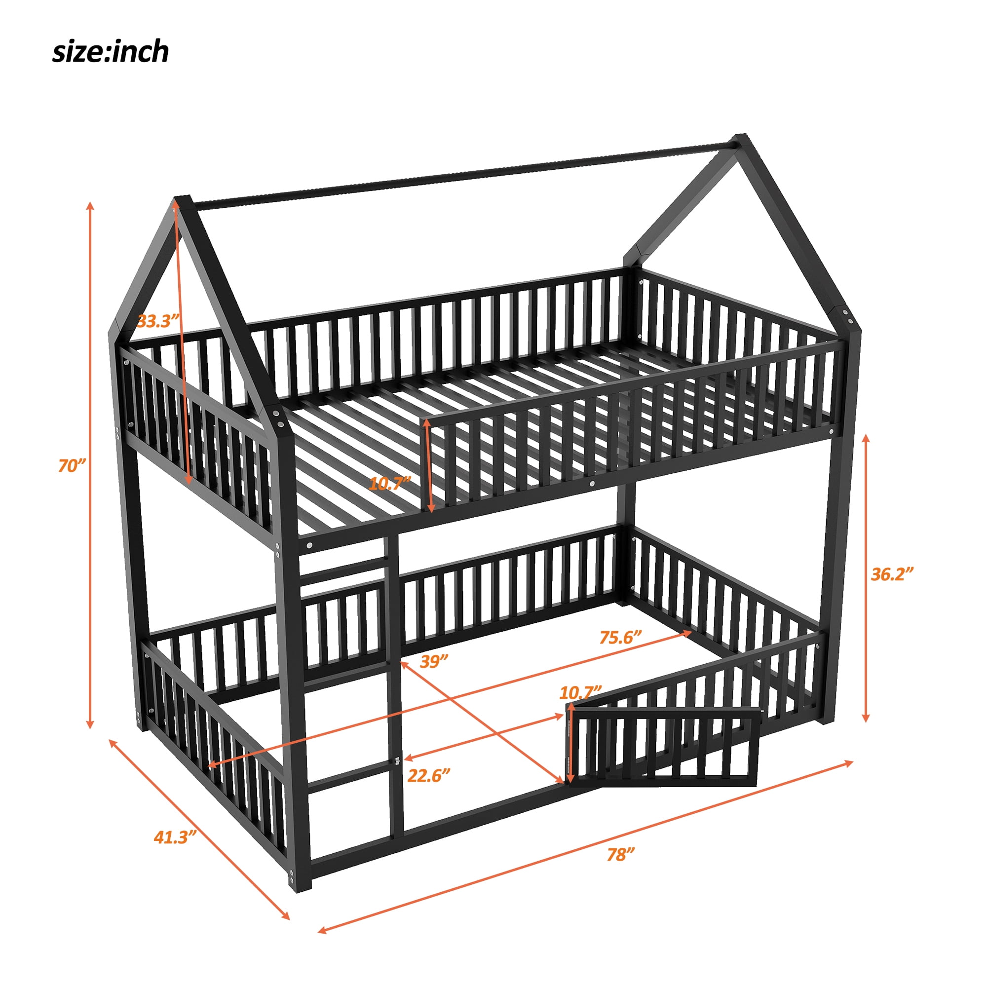 Aukfa Twin-over-Twin Bunk Bed with Fence and Door, Metal House Bed Frame for Kids Toddy, Black