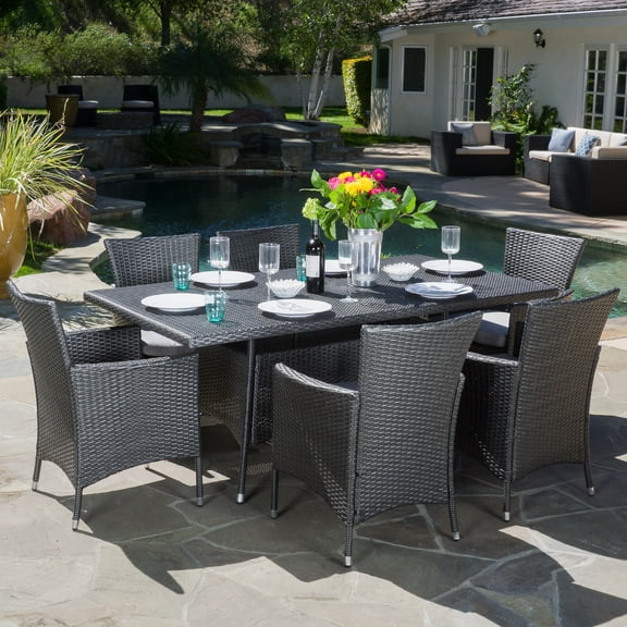 Hawawa Outdoor Transitional 7 Piece Wicker Dining Set with Water-Resistant Cushions, Gray and Silver