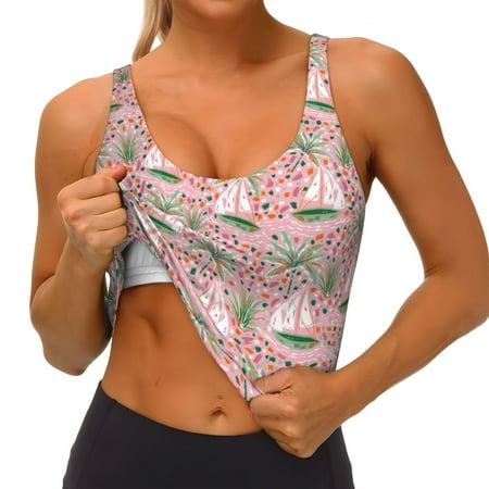 Qokaie Sailboats And Palm Tree Pattern Womens Scoop Neck Sports Bra Breathable Workout Vest Padded U Back Medium Impact Fitness Gym Yoga Bra Workout Crop Top