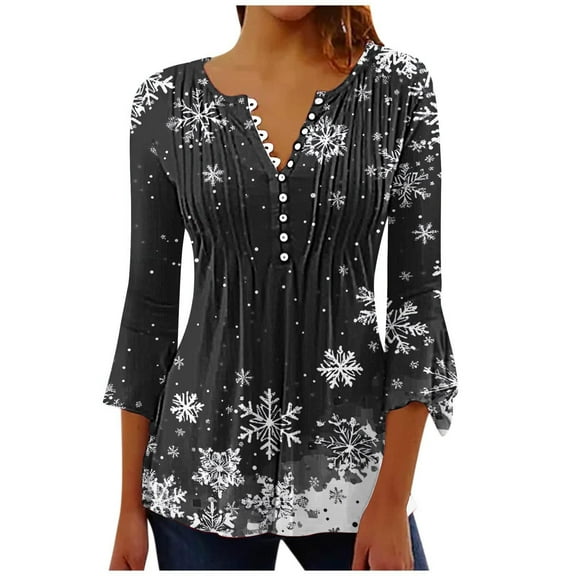 asdoklhq Christmas Plus Size Sweaters for Women's Fashionable Christmas Printed Casual V-neck Pullover Long Sleeved Top Dark Gray XL