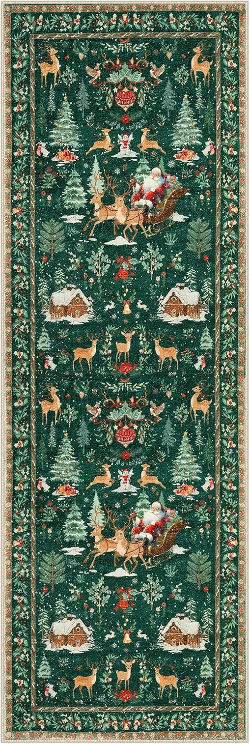 Lahome Christmas Rug,2'x6'Christmas Runner Rug,Holiday Machine Washable Non Slip Christmas Xmas Decoration Kitchen Rug Mat,Indoor Christmas Carpets for Living Room,Snowflake Rug,Green