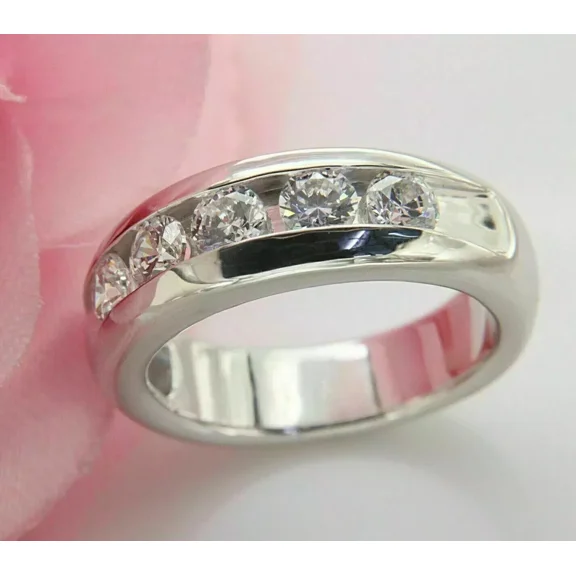 2Ct Round Cut Real Moissanite Men's 5 Stone Wedding Band Ring 14K White Gold Plated