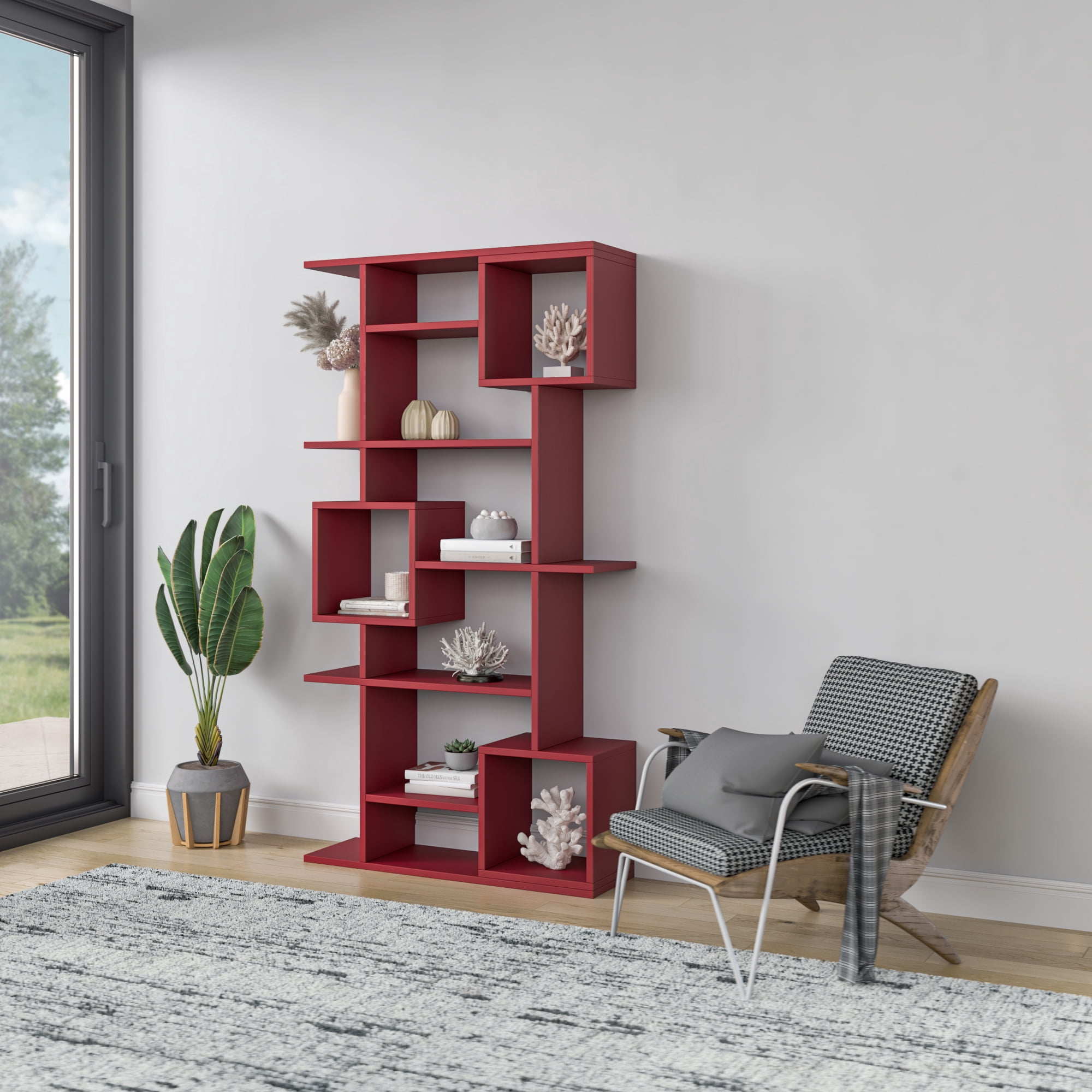 Ada Home Decor Furniture Multiple Tier Open Shelf Burgundy Barrett Modern Bookcase