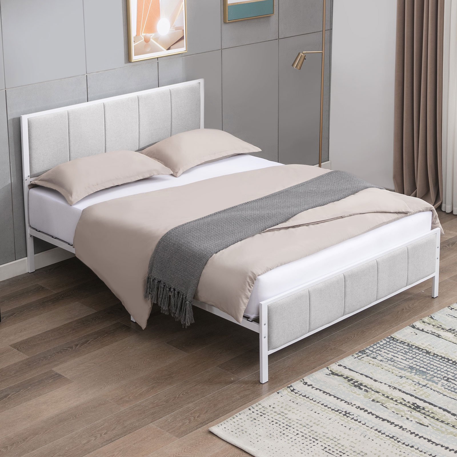 BALUS Cal King Bed Frame with Tufted Headboard, Modern Vertical Strpes