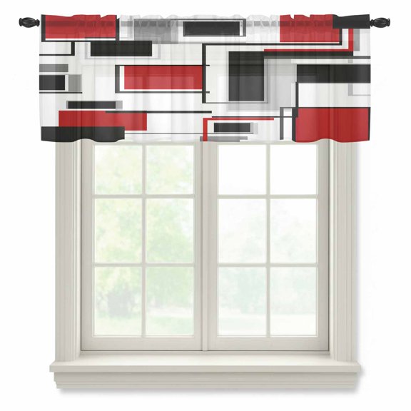 Abstract Space Design Sense Sheer Valances for Windows Red Black Stitching Suqare Semi Sheer Kitchen Valance Rod Pocket Small Window Voile Curtains for Living Room Bedroom Laundry 42 x 12 Inch
