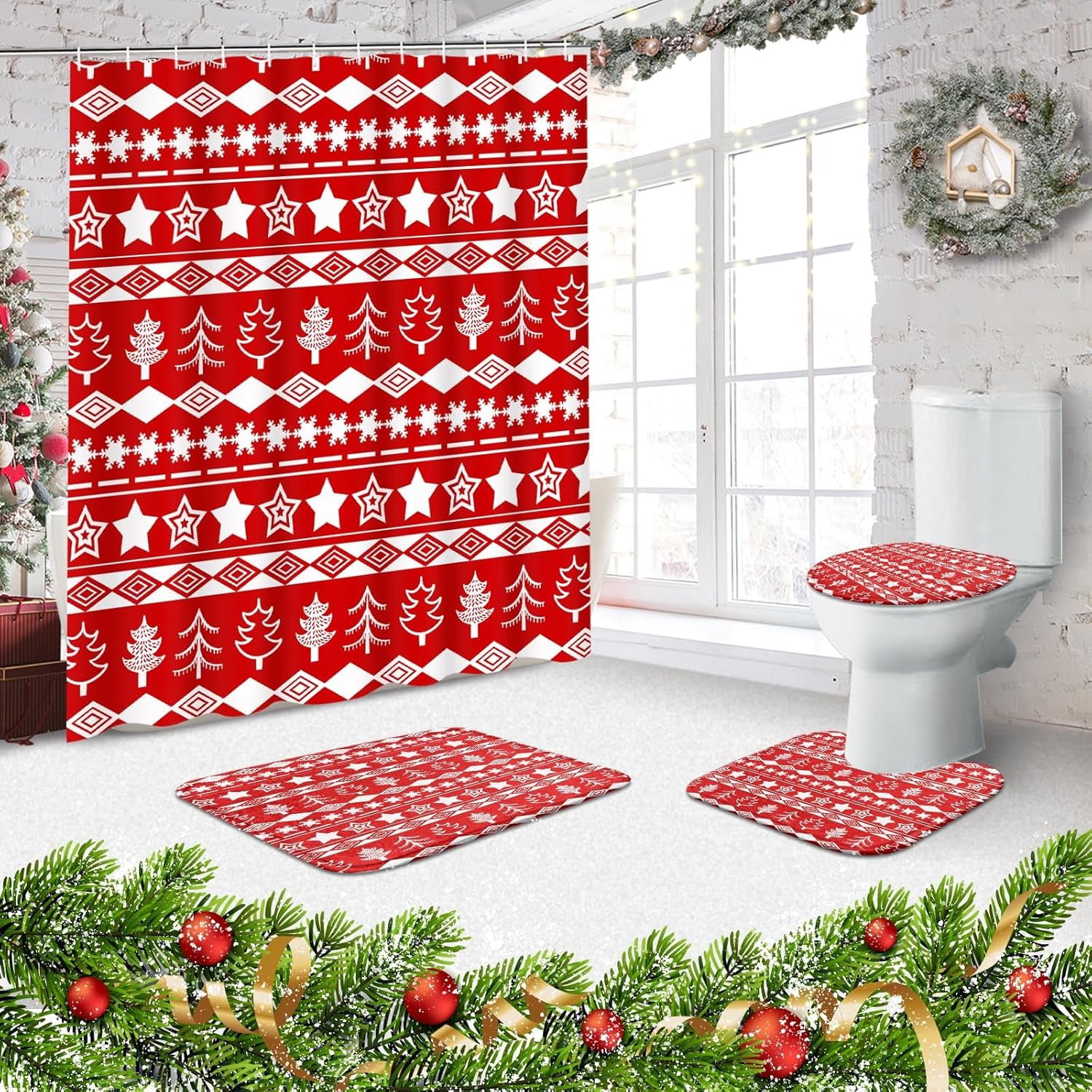 Family Bathroom Set with Shower Curtain and Rugs and Accessories, Brown Rustic Farmhouse Brown Shower Curtain Set,Wood Vintage Shower Curtain for Bathroom Decor 4 Pcs