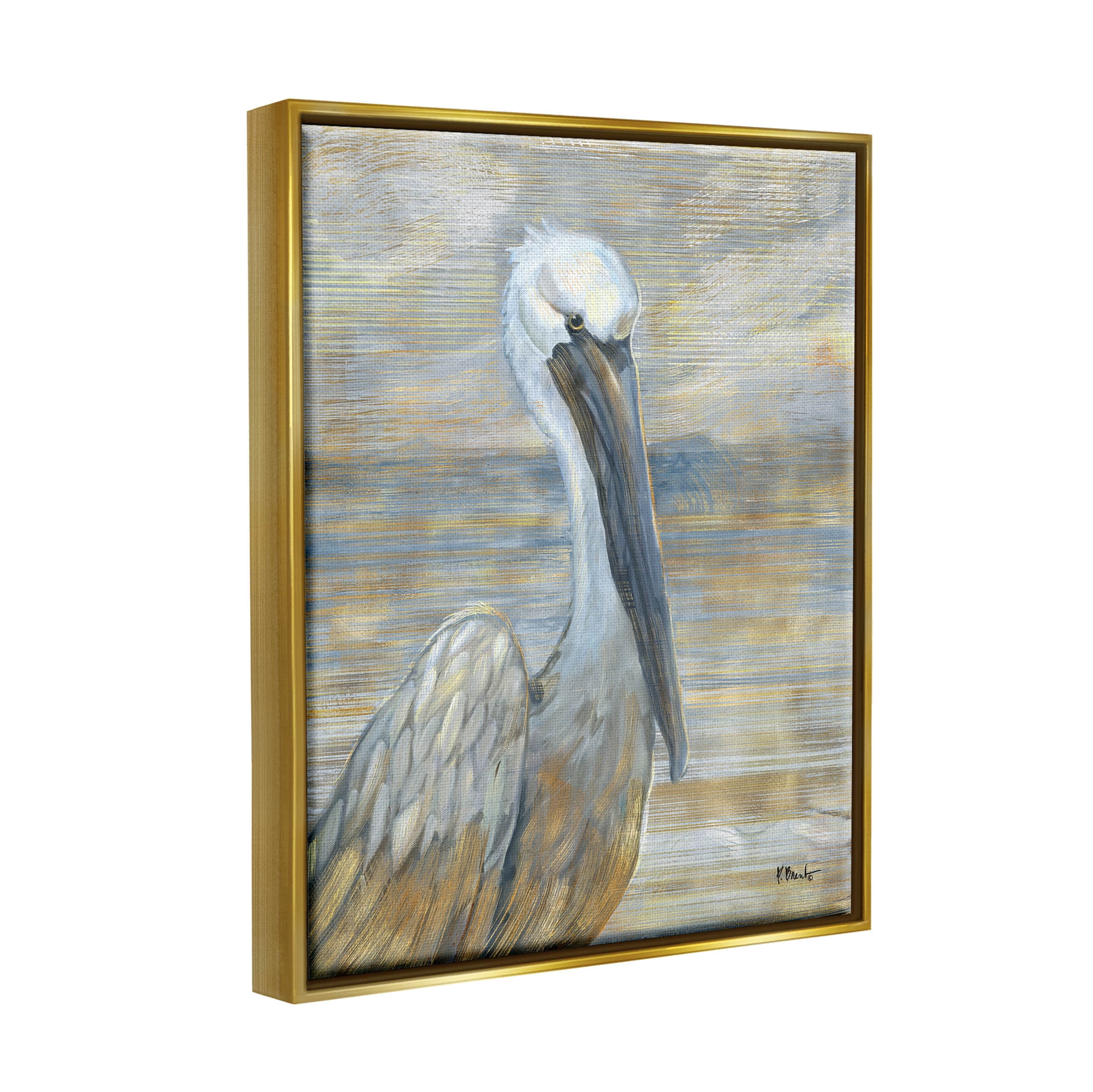 Stupell Industries Coastal Pelican Bird Abstract Portrait Painting Metallic Gold Floating Framed Canvas Print Wall Art, Design by Paul Brent