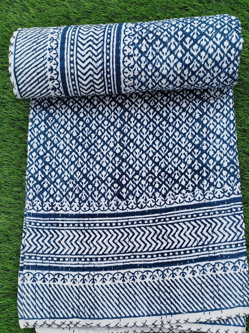 A And E Textiles House Premium Blue Floral Kantha Quilt, Hand Block Print Floral Indian Queen kantha Quilt, Bedspreads Queen Blue Quilt King, Housewarming Gift