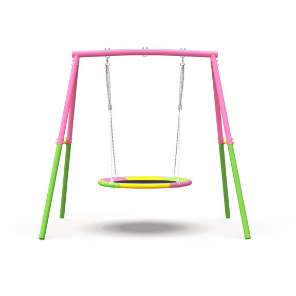 Kdymod 440lbs 40" Saucer Swing with Frame for Kids Outdoor, Heavy Duty Metal Swing Set with Adjustable Ropes & Ground Anchors, A-Frame Backyard Playset for Playground, Toddlers Ages 3 , Pink