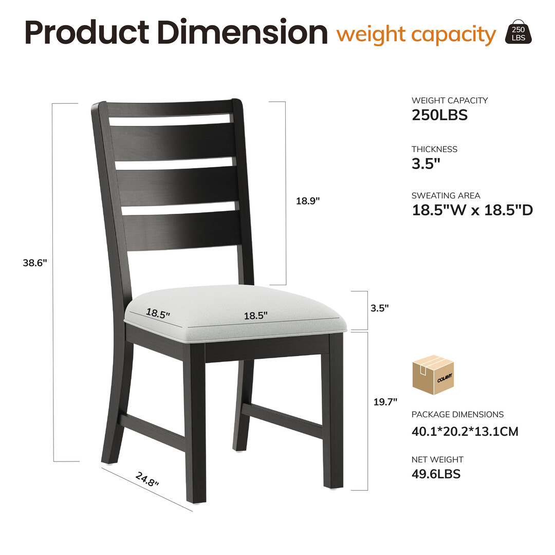 COLAMY SERA Solid Wood Dining Chair Set of 2 with Fabric Upholstered Cushion, Ladder Back Farmhouse Kitchen Chair, Modern Two-Tone Chair for Home and Restaurant, Black