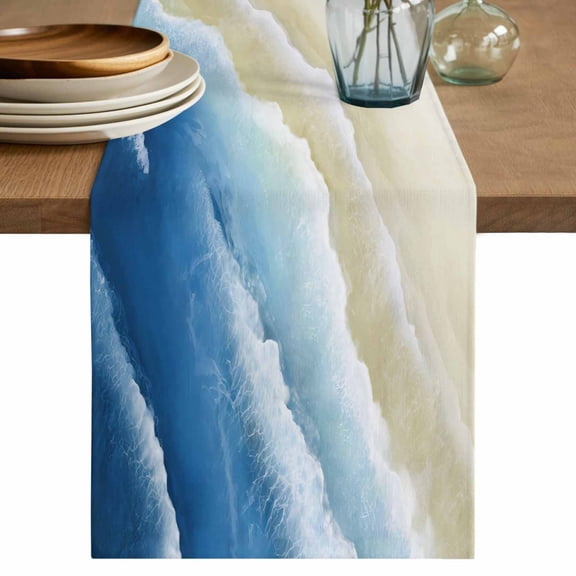Navy Blue Ombre Ocean Cotton Linen Table Runner for Dining Kitchen, Watercolor Coastal Beach Waves Wedding Outdoor Party Tablerunners Decoration, Dresser Scarf Coffee Tablecloth Runners 13x60 Inches