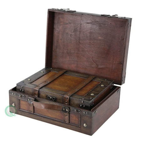 Wooden Vintage Luggage Trunks - Antique Carry on Suitcase Storage Box with Hinged Lids, Old-Fashioned Decorative Box for Dresser, Coffee Table Decor, Shelf Decor or Kitchen Table Decor, Set of 2
