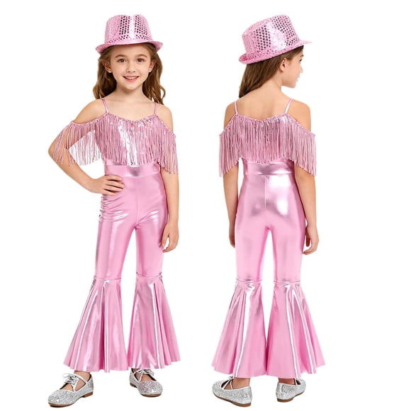 Jizyo Kids Girls 70s Hippie Disco Outfit Shiny Metallic Fringed Jumpsuit with Hat Set for Dance Stage Performance Pink 16