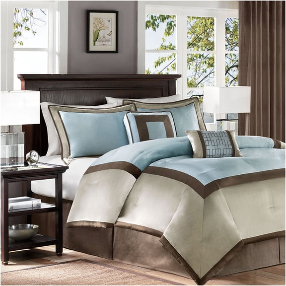 JERFIT Blue King Comforter Set 7-Piece, Modern Hotel Collection Bedding Set with Colorblock Design, All-in-One Luxury Bed Set