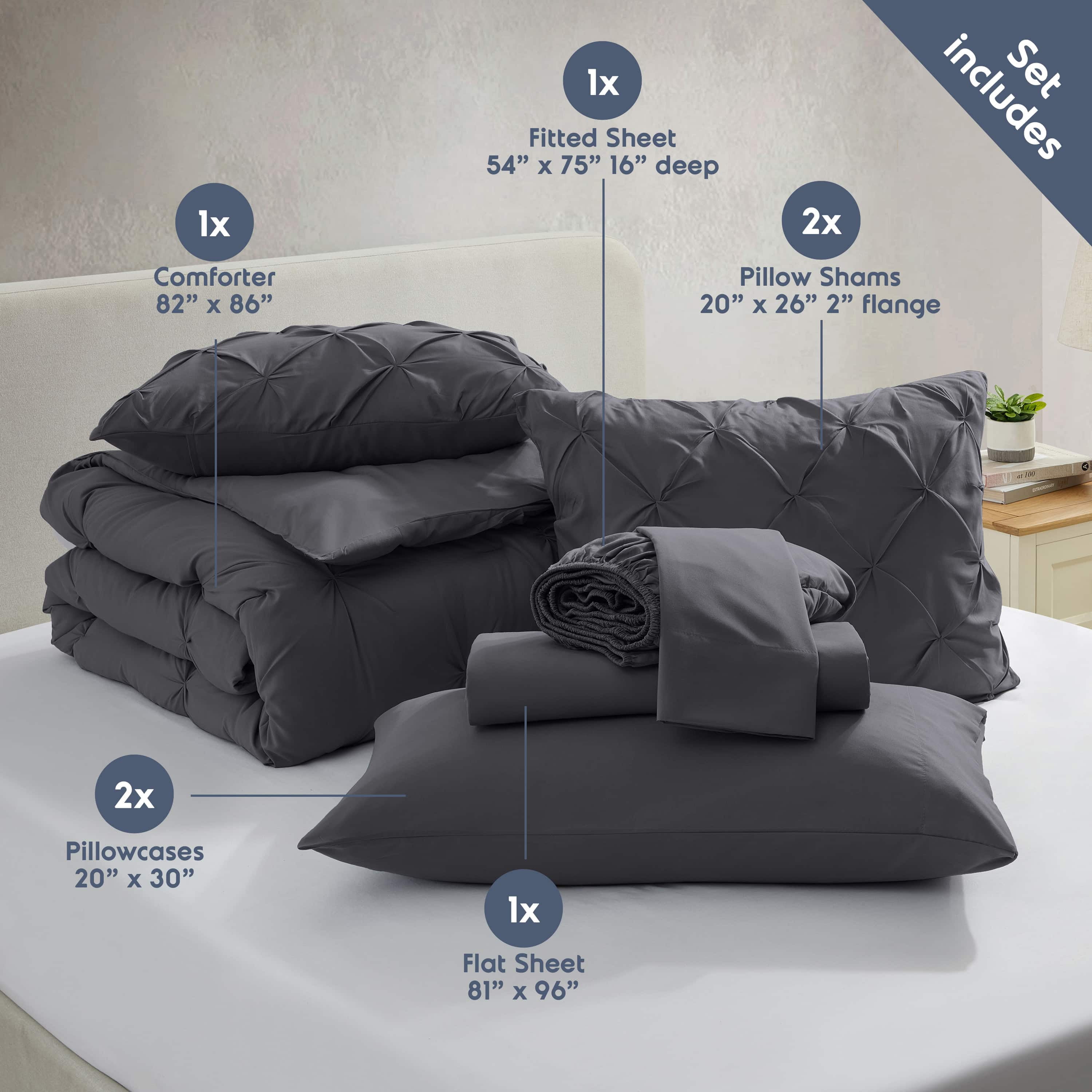 LammaLoe Full Size Comforter Sets, 7 Piece Bed In A Bag Pintuck Bedding Sets, Dark Grey
