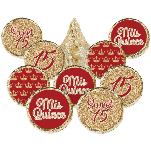 Etiquetas para regalos de fiesta de Quinceañera rojas y doradas - 180 pegatinas