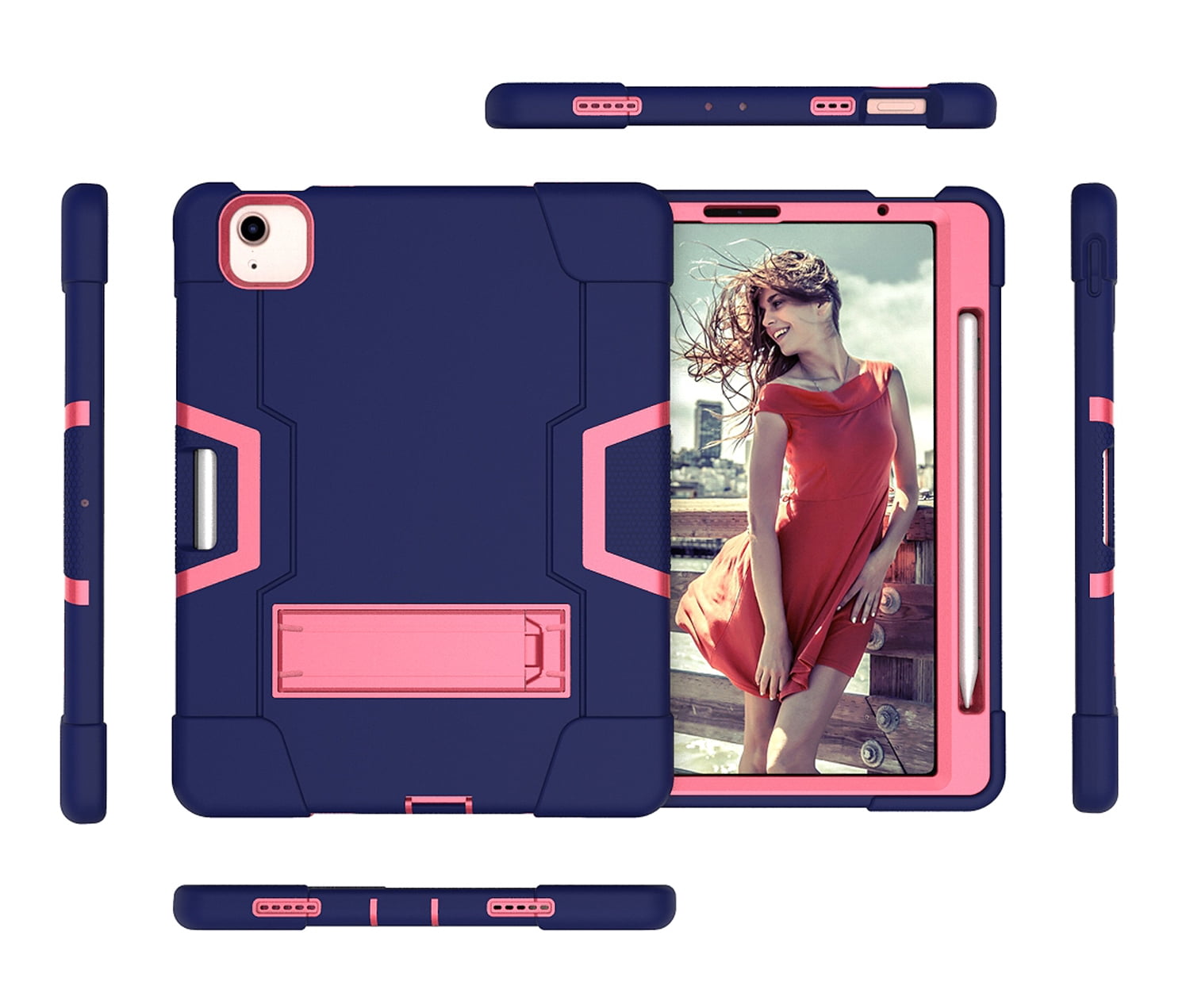 Allytech iPad Air 5 Case 2022, iPad Air 4 Case 2020, Heavy Duty Protection Shockproof Build In Kickstand Pencil Holder Kids Friendly Case for Apple iPad Air 5th 4th Generation, BlackNavyblue/Rose