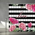 thumbnail image 2 of Pink Flower Shower Curtain Black and White Striped Watercolor Roses Floral Green Leaf Spring Love Valentine''s Day Creative Pattern Fabric Bathroom Decor Set with Hooks(36" WX70 H), 2 of 3