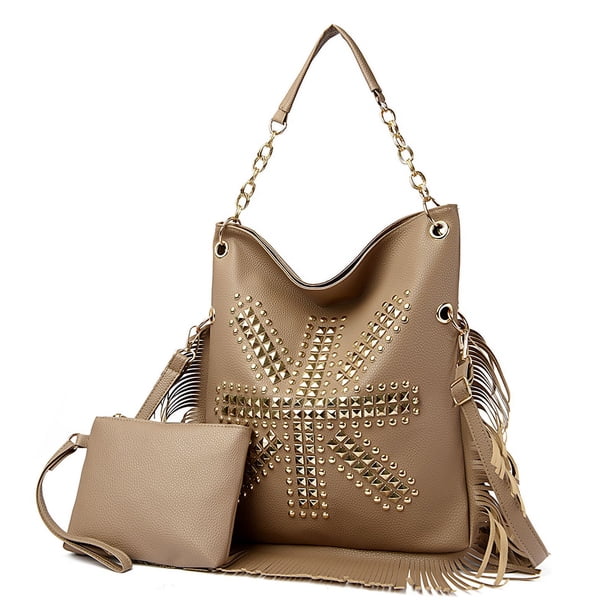 Bolso Mano Hombro PU Cuero Flecos Tachonados para Mujeres Compras Viajes