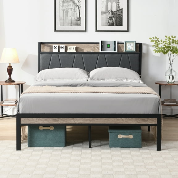 Queen Size Metal Platform Bed Frame with Upholstered Headboard, Footboard & USB Chargers, Built-in Storage