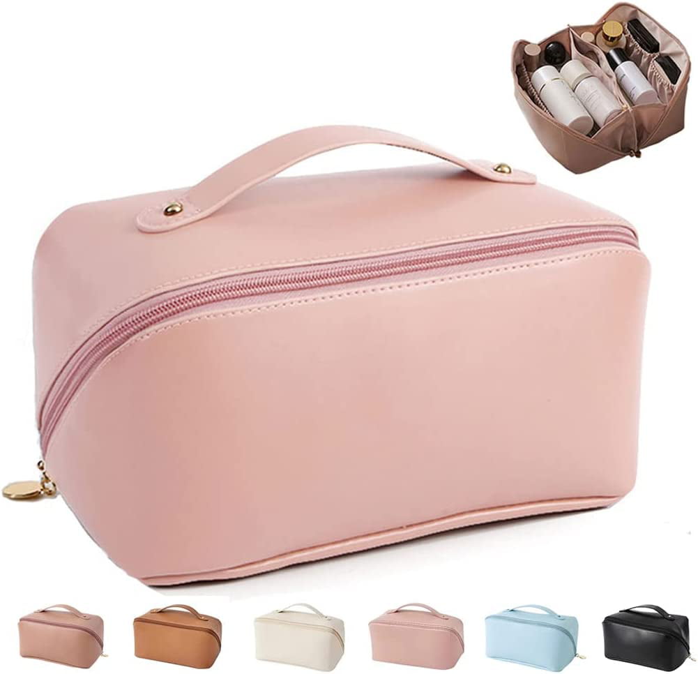 Awestuffs Luxury Cosmetic Bag - Makeup Bag, Portable Waterproof PU Leather  Travel Makeup Bag (Pink)