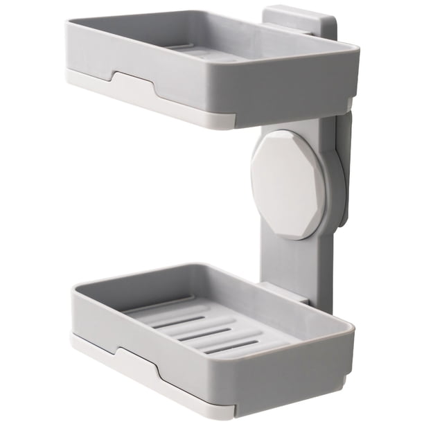 Estante de baño resistente con drenaje, soporte de plástico de 2 niveles, montado en la pared, caja de jabón, organizador de cepillos de dientes, gris oscuro, instalación sin orificios
