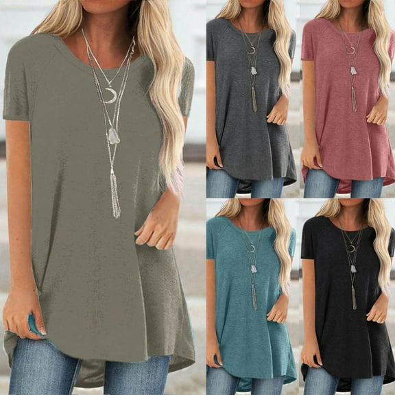 Jacenvly 2024 new plus size womens clothes Fashion Women Plus Size Round Neck Short Sleeved Long Blouse breathable Solid Ruffle Trim Flouncev neck t shirts t-shirts womens summer Black