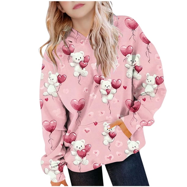 Sudadera con capucha para niña, para el Día de San Valentín, con estampado de color, de manga larga, informal, deportiva, con capucha, de manga larga, con inserciones en los hombros, blusa de poliéste