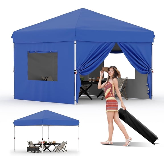 10x10 Pop Up Canopy Tent with 4 Sidewalls, Heavy Duty Instant Commercial Canopy, Portable One-Person Setup Shelter for Patio, Party, Market & Outdoor Events