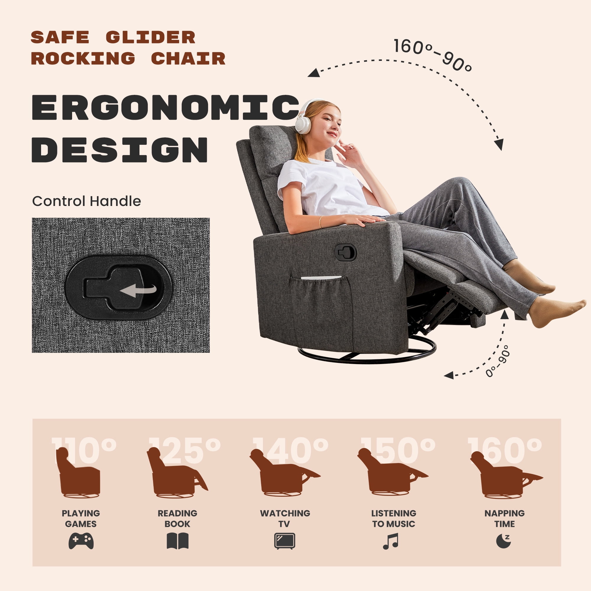 GIANNA Comfortable Swivel Recliner Chair with Extra Large Footrest & High Back – Upholstered Nursery Rocker for Living Room, Deep Seat Glider Recliner, Grey