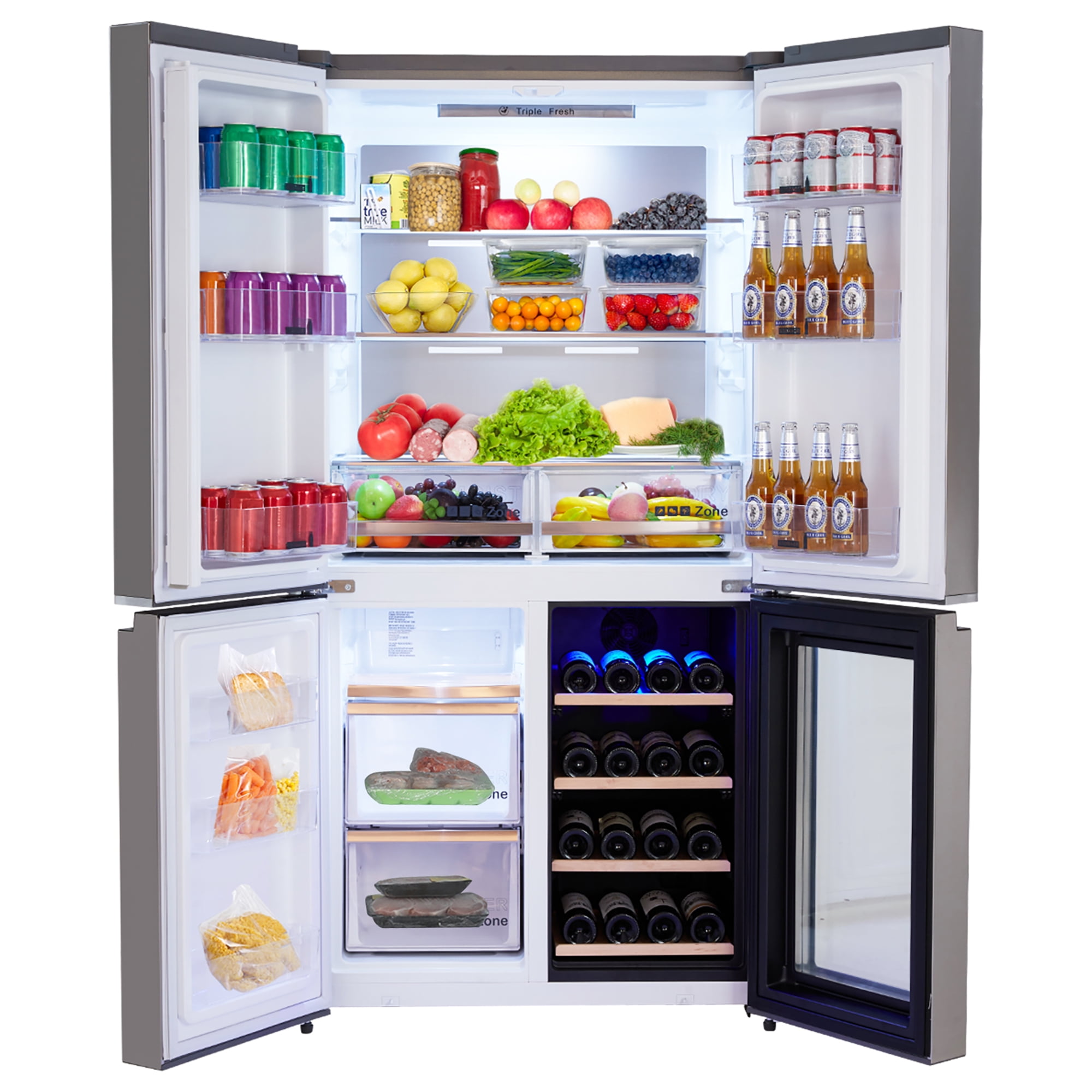 Festisoul 21 Cu.Ft Capacity Counter Depth French Door Fridge with Wine Cabinet, 4-Door Large French Refrigerator Frost-Free Cooling Stainless Steel Refrigerators for Home