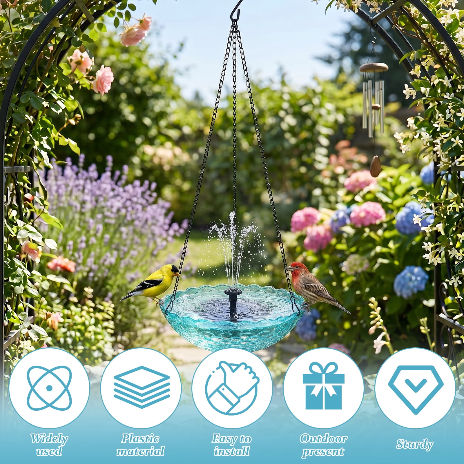 Threns Solar Hanging Bird Bath Fountain Hanging Solar Bird Bath Fountain for Outdoor Garden Backyard Patio Lawn Wildlife Feeder (Blue)